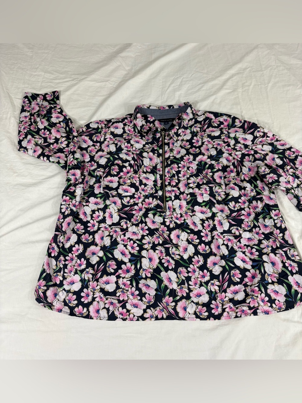 Tommy Hilfiger Women Blue Floral 3/4 Sleeve Mid Zipper Blouse 3X